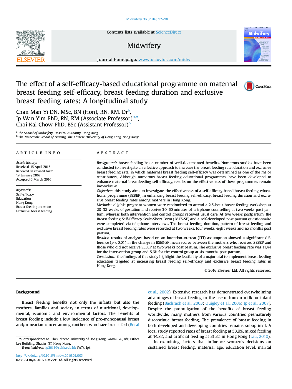 The effect of a self-efficacy-based educational programme on maternal breast feeding self-efficacy, breast feeding duration and exclusive breast feeding rates: A longitudinal study