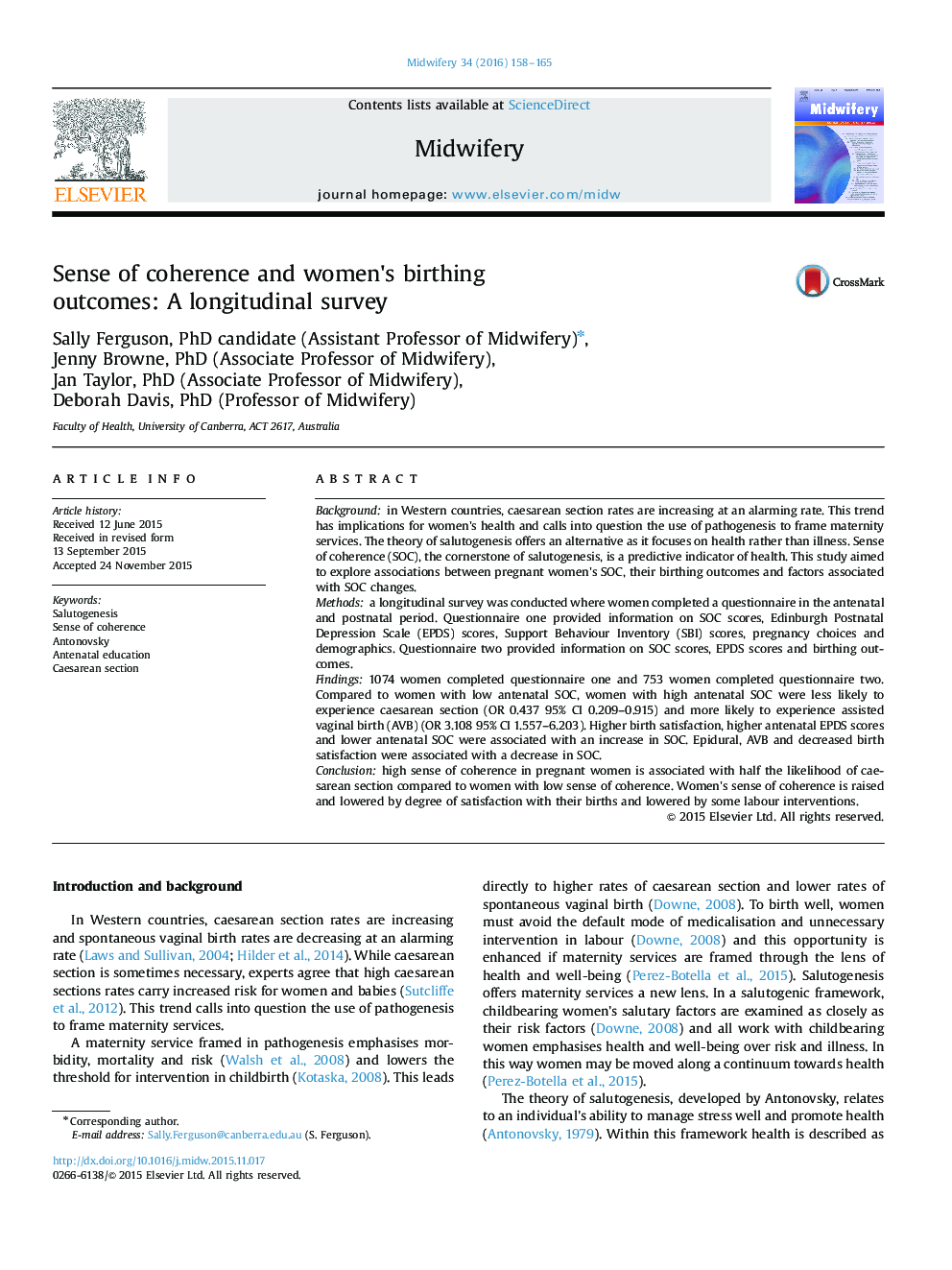 Sense of coherence and women×³s birthing outcomes: A longitudinal survey