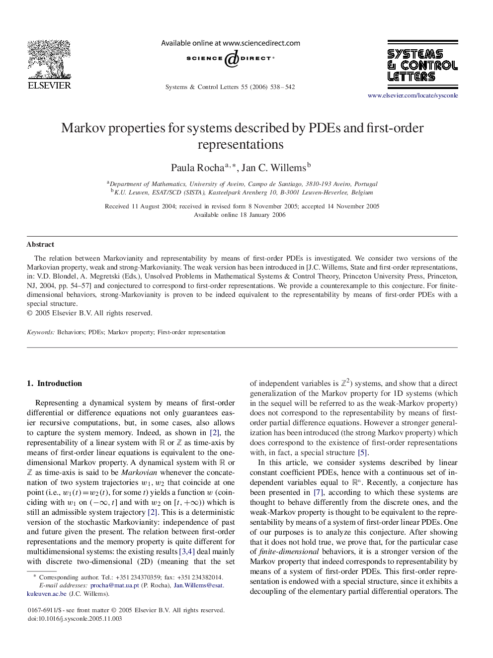 Markov properties for systems described by PDEs and first-order representations