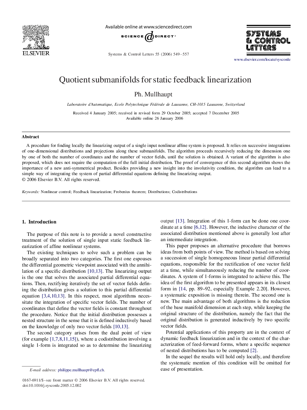 Quotient submanifolds for static feedback linearization