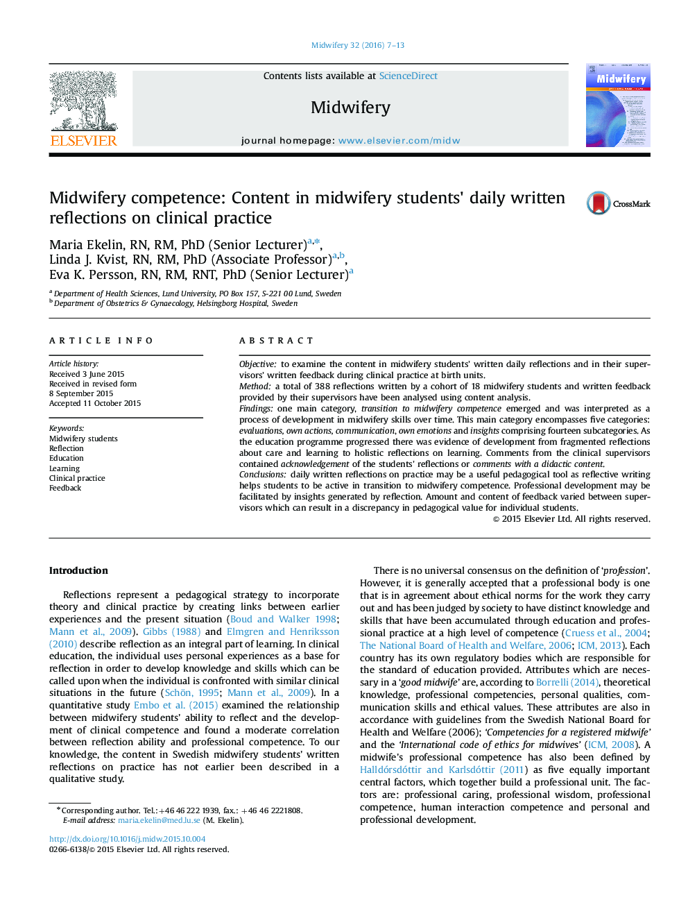 Midwifery competence: Content in midwifery students×³ daily written reflections on clinical practice