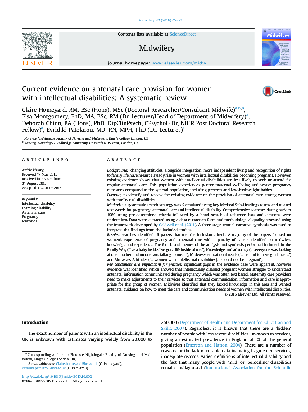 Current evidence on antenatal care provision for women with intellectual disabilities: A systematic review