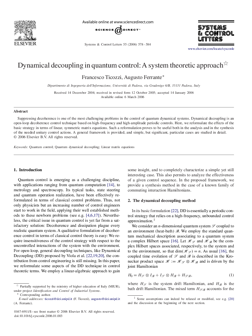 Dynamical decoupling in quantum control: A system theoretic approach 