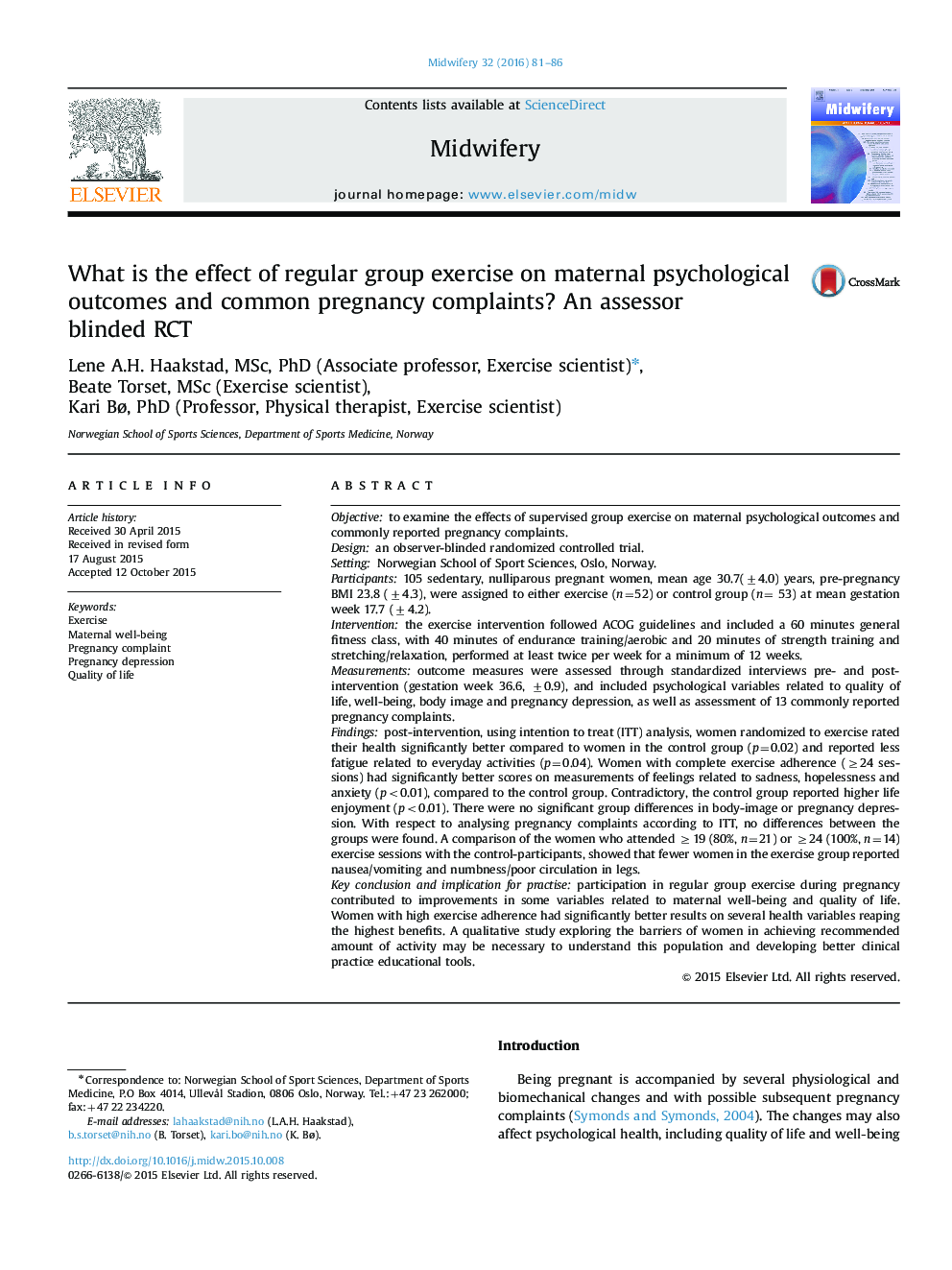 عکس صفحه اول مقاله: What is the effect of regular group exercise on maternal psychological outcomes and common pregnancy complaints? An assessor blinded RCT What is the effect of regular group exercise on maternal psychological outcomes and common pregnancy complaints? An assessor blinded RCT