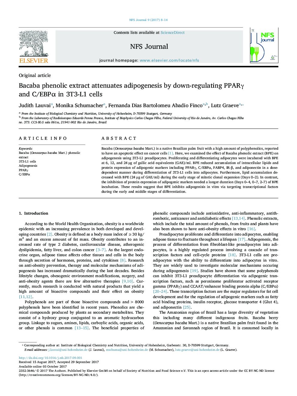 Bacaba phenolic extract attenuates adipogenesis by down-regulating PPARÎ³ and C/EBPÎ± in 3T3-L1 cells