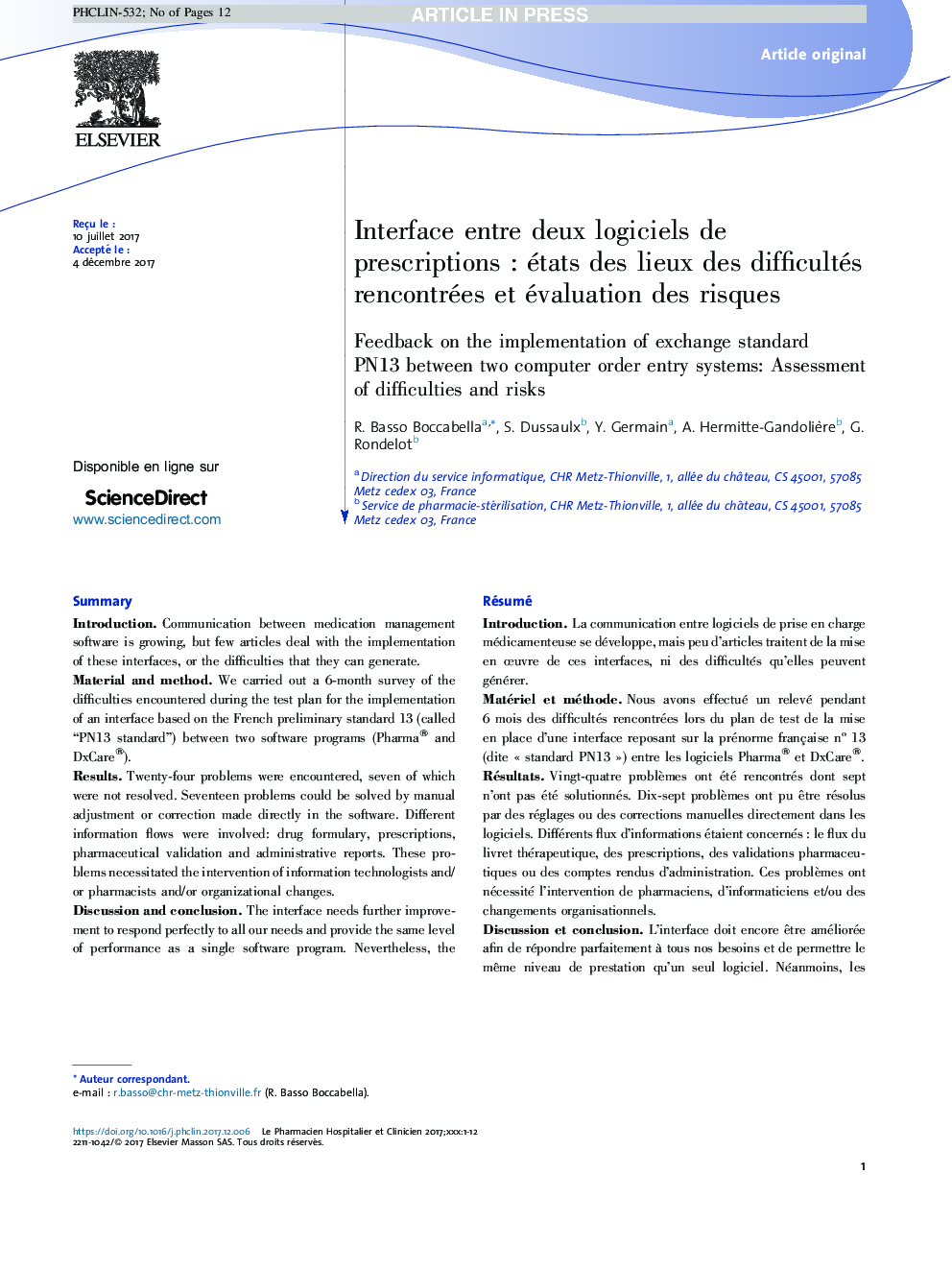 Interface entre deux logiciels de prescriptionsÂ : états des lieux des difficultés rencontrées et évaluation des risques