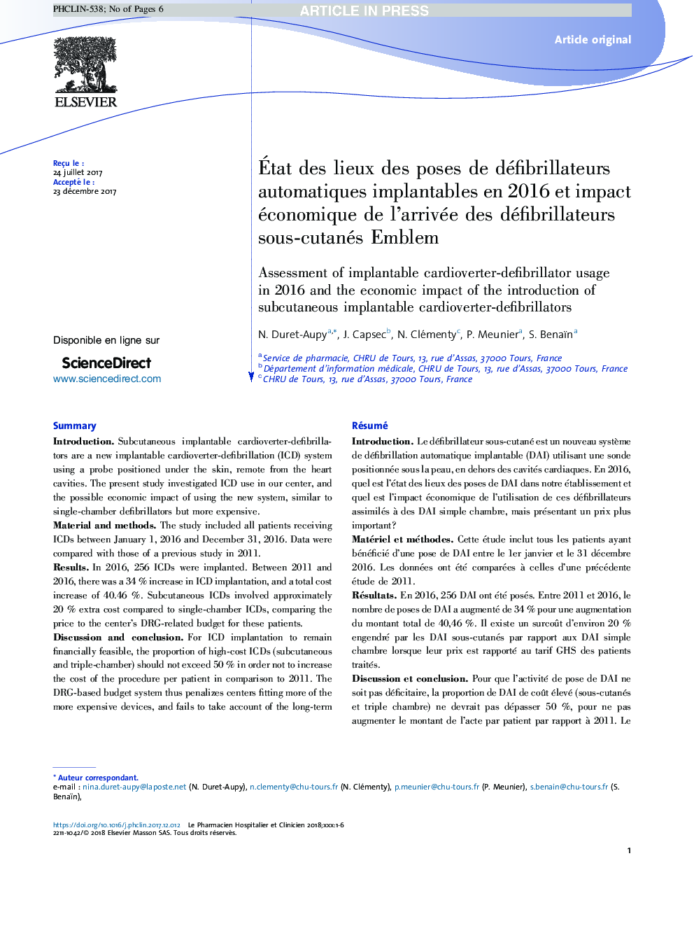 Ãtat des lieux des poses de défibrillateurs automatiques implantables en 2016Â et impact économique de l'arrivée des défibrillateurs sous-cutanés Emblem