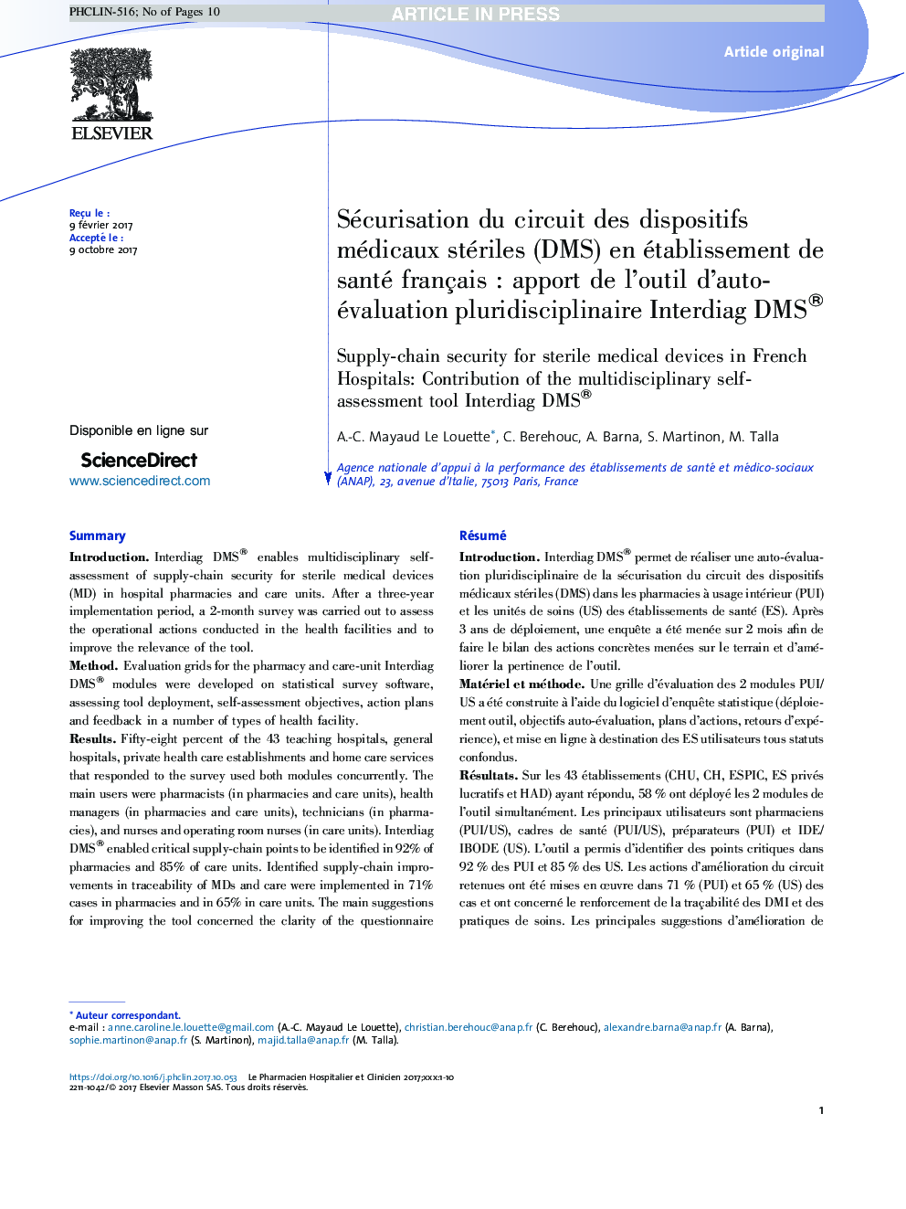 Sécurisation du circuit des dispositifs médicaux stériles (DMS) en établissement de santé françaisÂ : apport de l'outil d'auto-évaluation pluridisciplinaire Interdiag DMS®