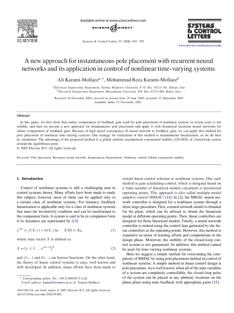 A new approach for instantaneous pole placement with recurrent neural networks and its application in control of nonlinear time-varying systems