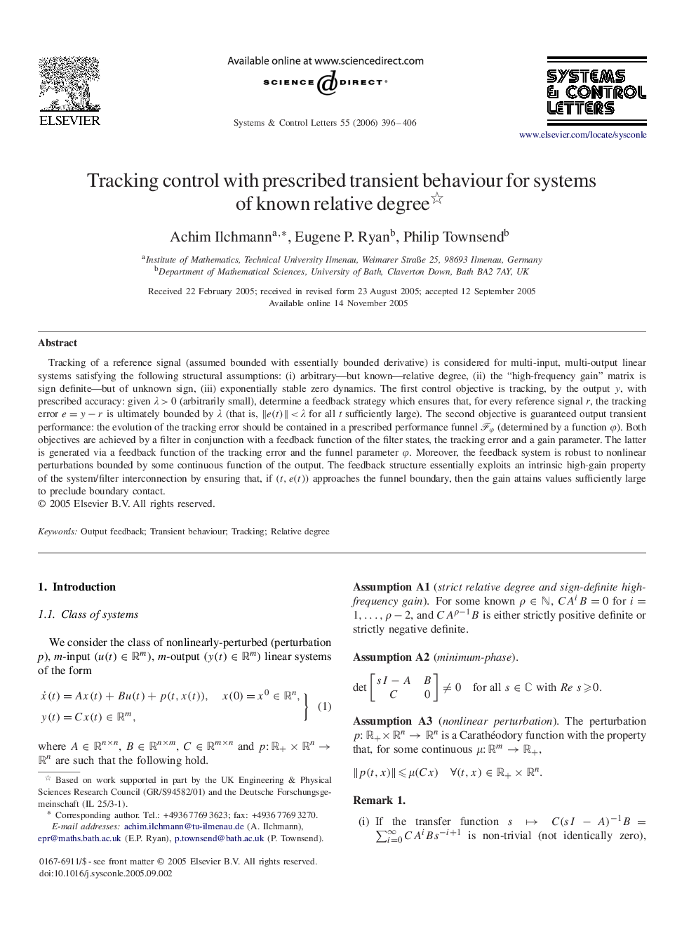 Tracking control with prescribed transient behaviour for systems of known relative degree 