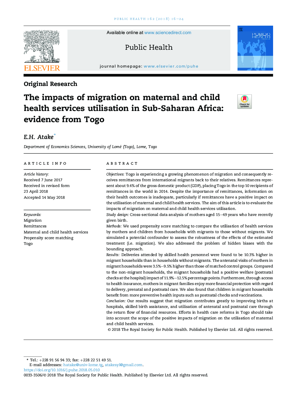 تأثیر مهاجرت در استفاده از خدمات بهداشتی و درمانی مادری و کودک در کشورهای جنوب صحرای آفریقا: شواهد از سوی توگو 