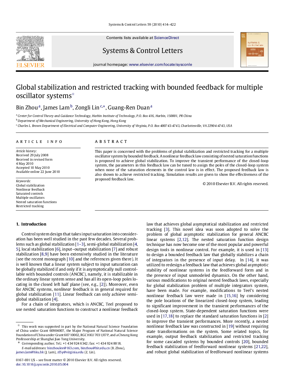 Global stabilization and restricted tracking with bounded feedback for multiple oscillator systems 