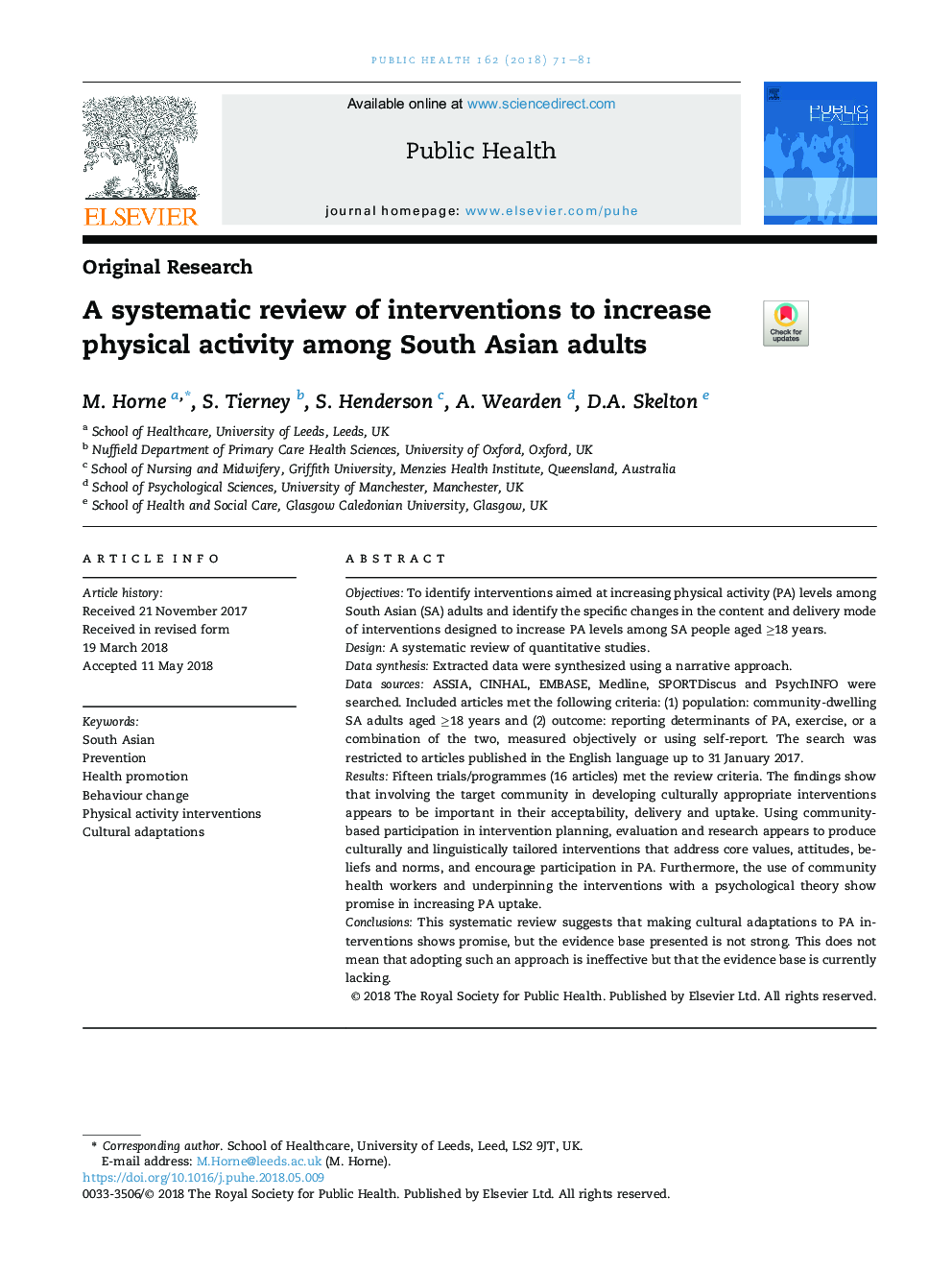 بررسی سیستماتیک مداخلات برای افزایش فعالیت بدنی در میان بزرگسالان آسیای جنوبی 