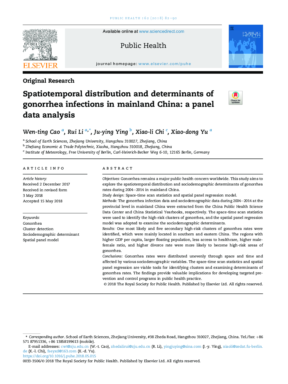 Spatiotemporal distribution and determinants of gonorrhea infections in mainland China: a panel data analysis