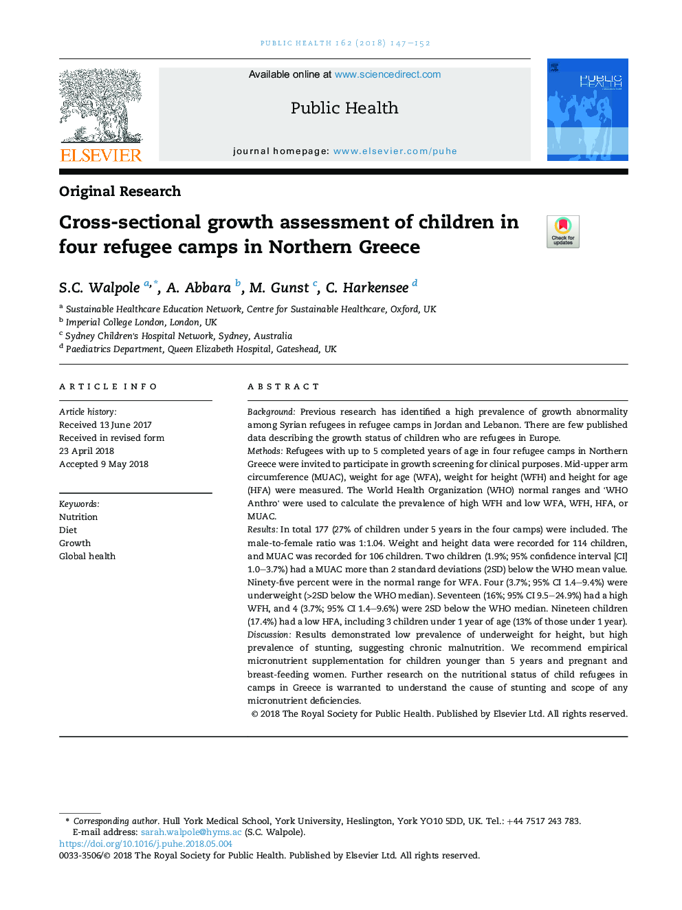 بررسی مقطعی رشد کودکان در چهار اردوگاه پناهندگان در شمال یونان 