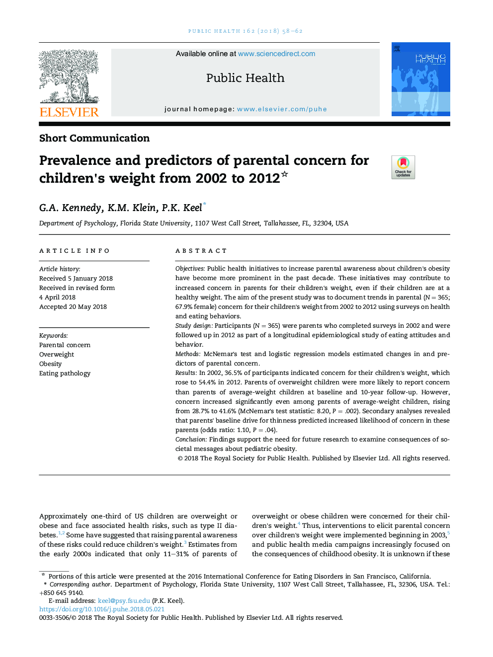 شیوع و پیش بینی کننده نگرانی والدین در مورد وزن کودکان از سال 2002 تا 2012 