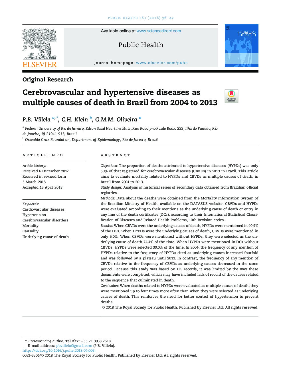 بیماری های مغزی و فشار خون بالا به عنوان علل متعدد مرگ در برزیل از 2004 تا 2013 
