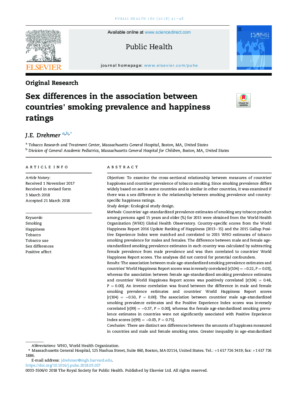 Sex differences in the association between countries' smoking prevalence and happiness ratings