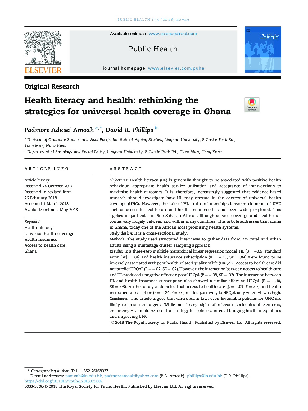 Health literacy and health: rethinking the strategies for universal health coverage in Ghana
