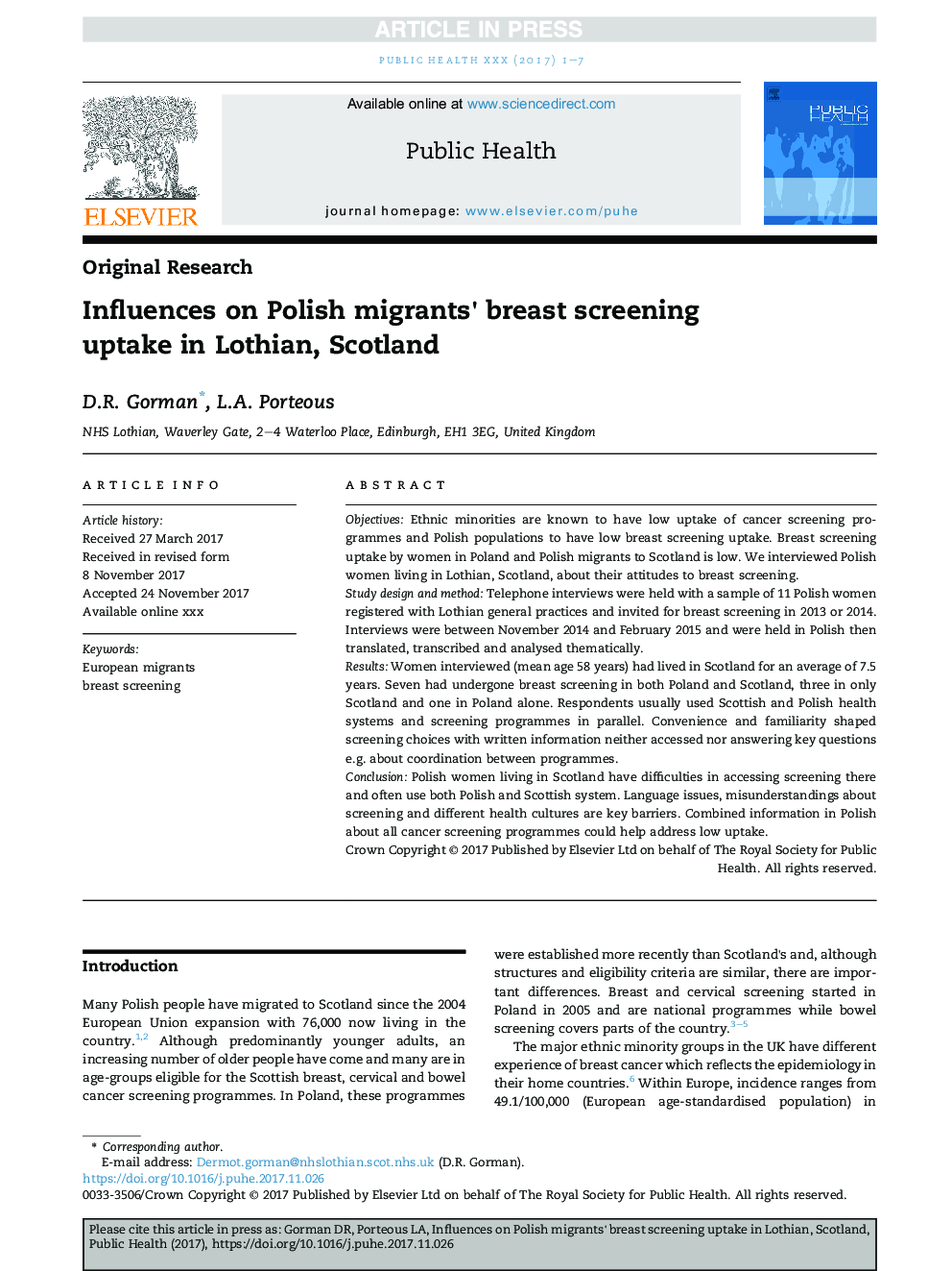 Influences on Polish migrants' breast screening uptake in Lothian, Scotland