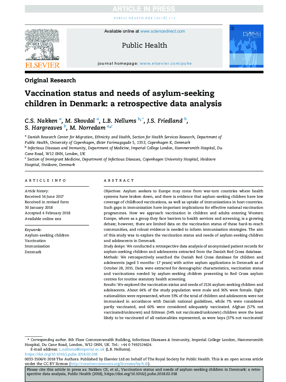 وضعیت واکسیناسیون و نیازهای کودکان پناهجو در دانمارک: تجزیه و تحلیل داده ها گذشته نگر 