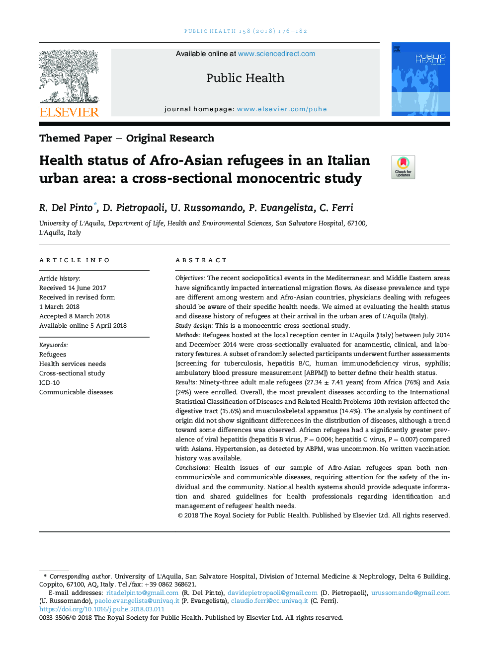 Health status of Afro-Asian refugees in an Italian urban area: a cross-sectional monocentric study