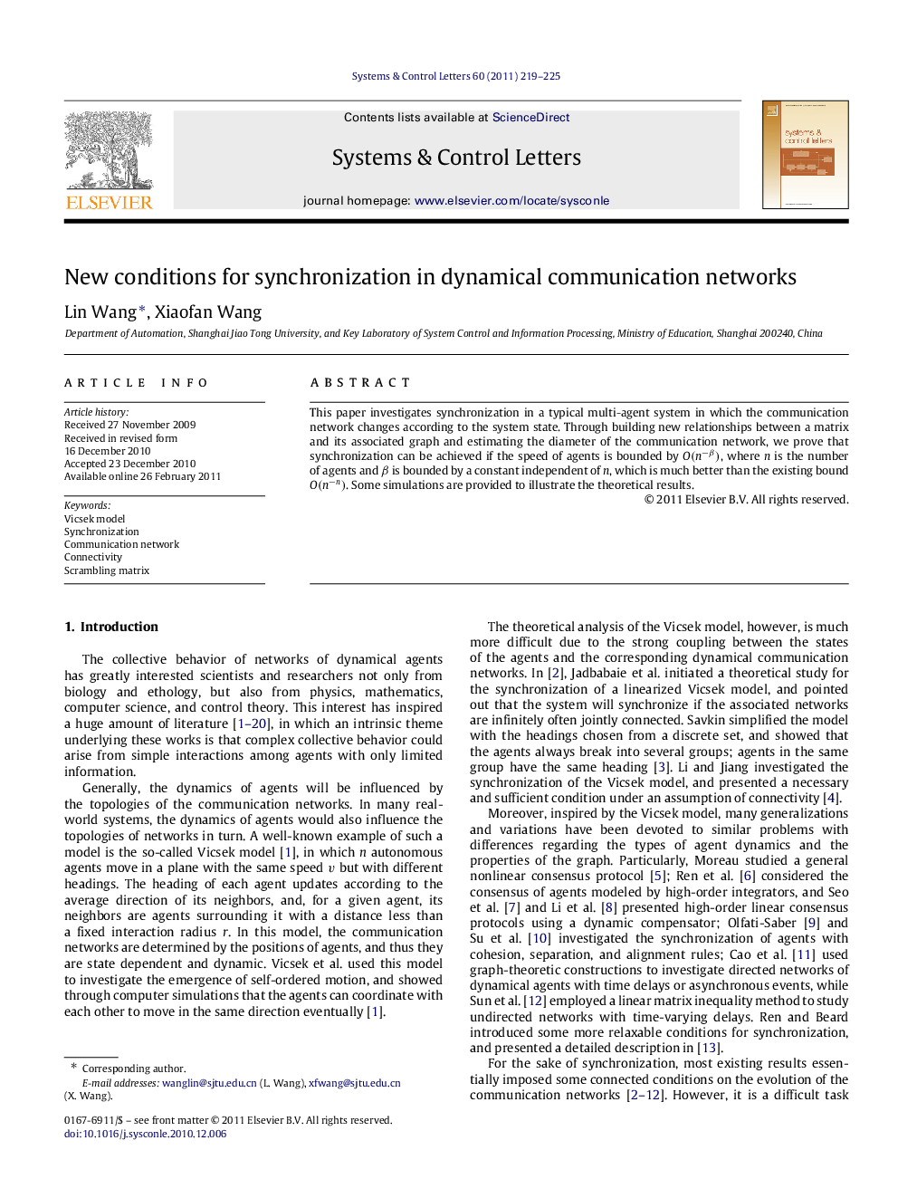 عکس صفحه اول مقاله: New conditions for synchronization in dynamical communication networks New conditions for synchronization in dynamical communication networks