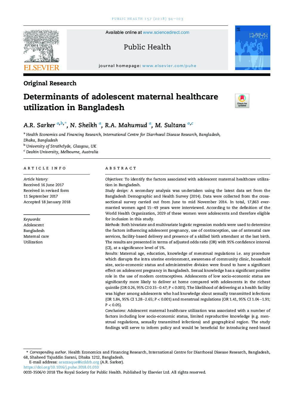 عوامل تعیین کننده استفاده از مراقبت های بهداشتی مادران در بنگلادش 