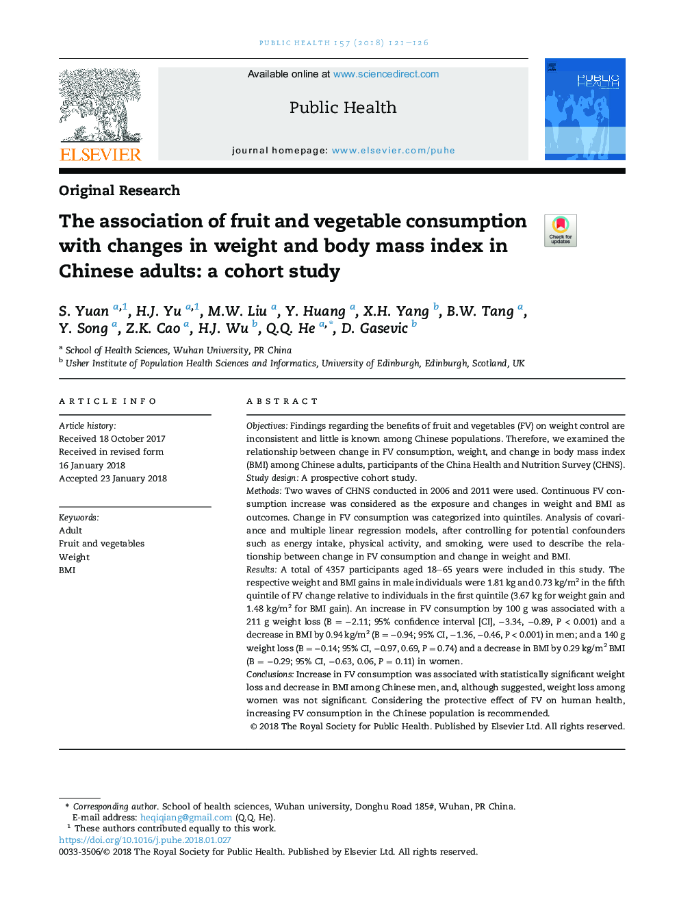 ارتباط مصرف میوه و سبزی با تغییرات وزن و شاخص توده بدن در بزرگسالان چینی: یک مطالعه همگروه 