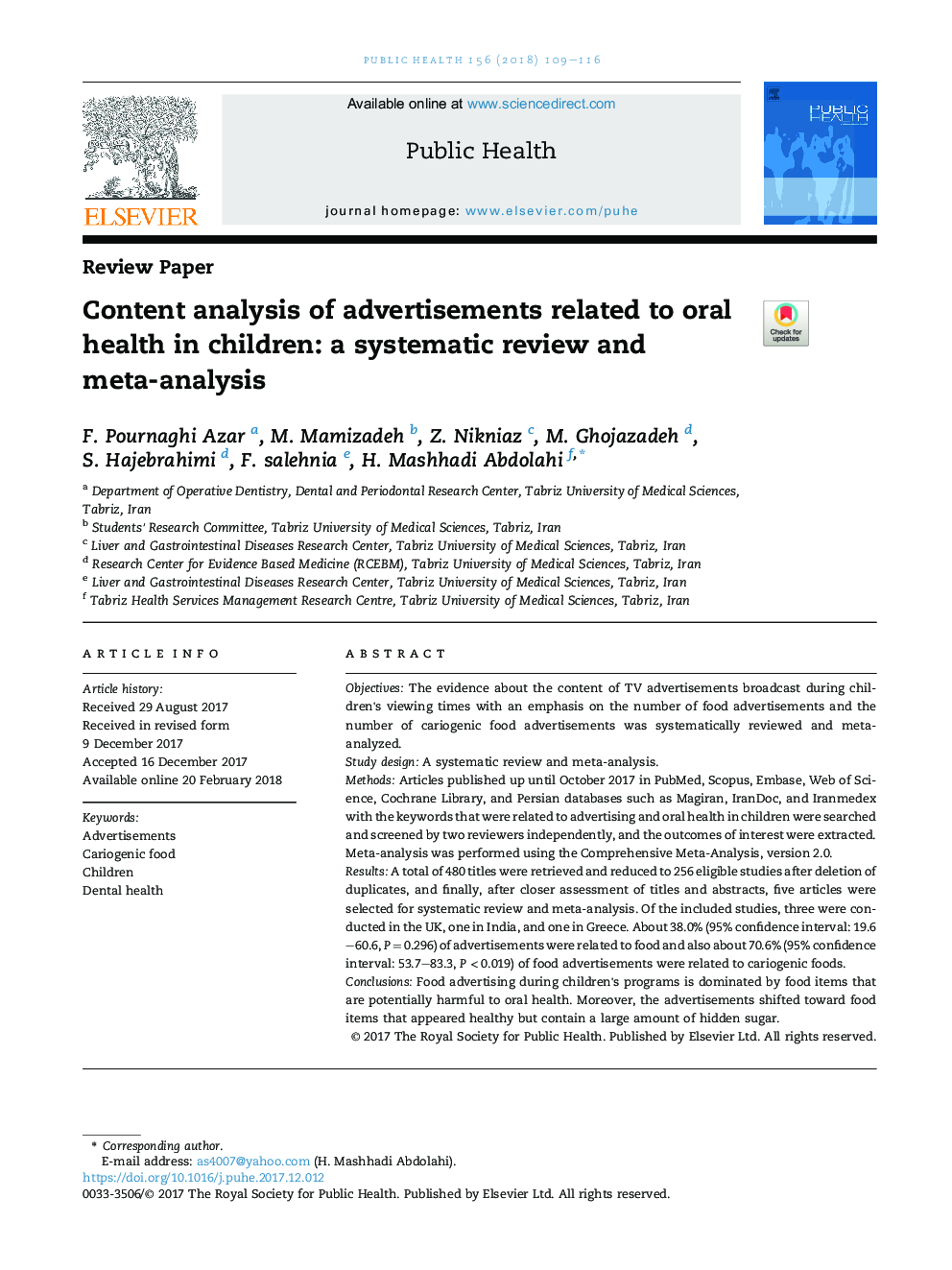 Content analysis of advertisements related to oral health in children: a systematic review and meta-analysis