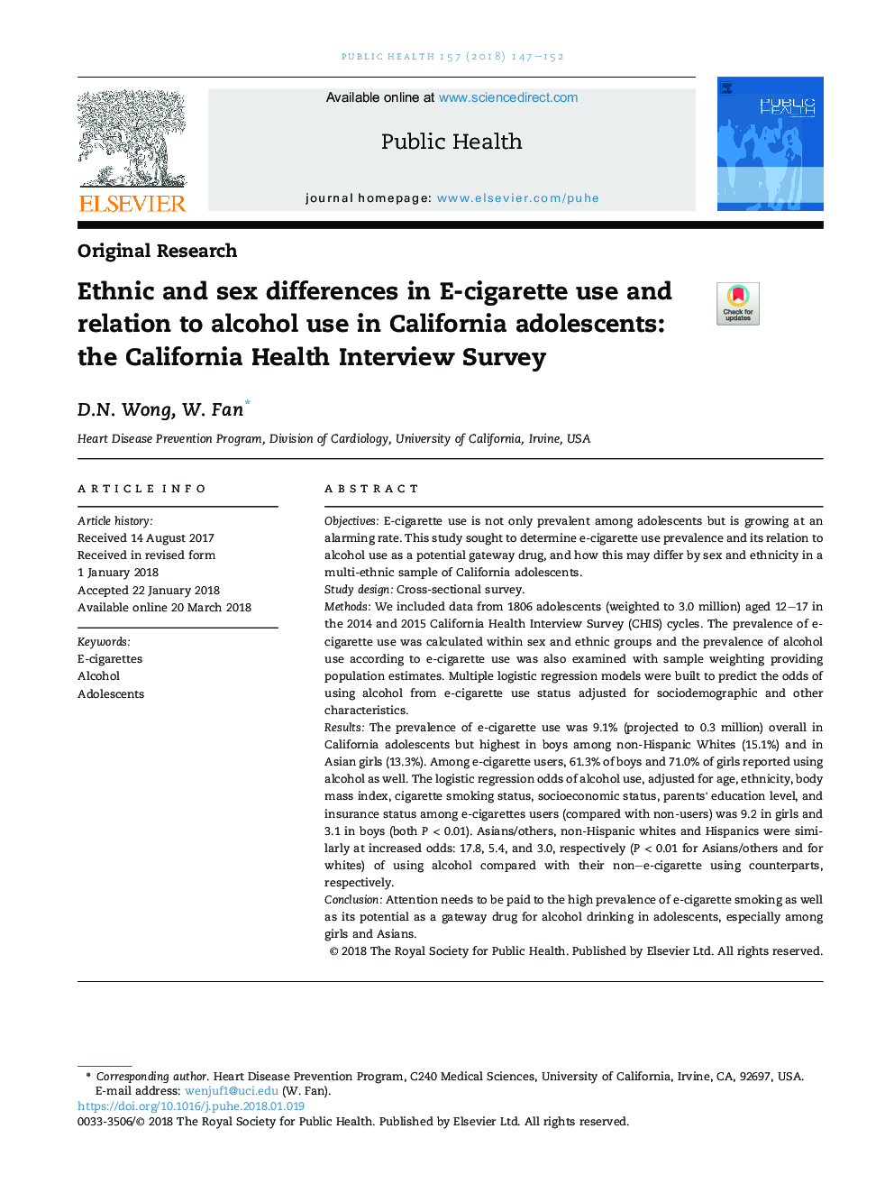 اختلافات قومی و جنسی در استفاده از سیگار الکترونیکی و ارتباط با مصرف الکل در نوجوانان کالیفرنیا: نظرسنجی مصاحبه بهداشت کالیفرنیا 