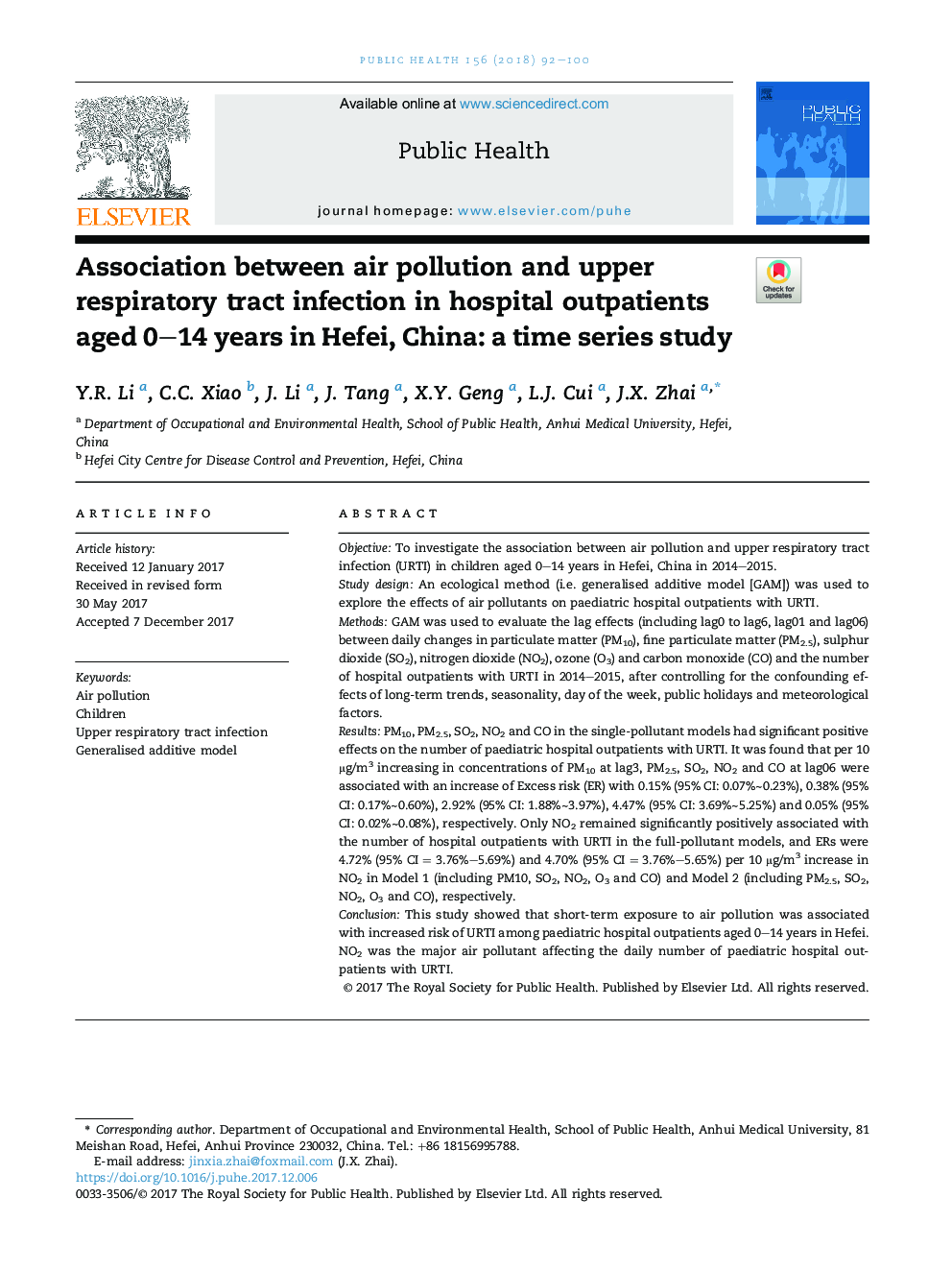 Association between air pollution and upper respiratory tract infection in hospital outpatients aged 0-14 years in Hefei, China: a time series study