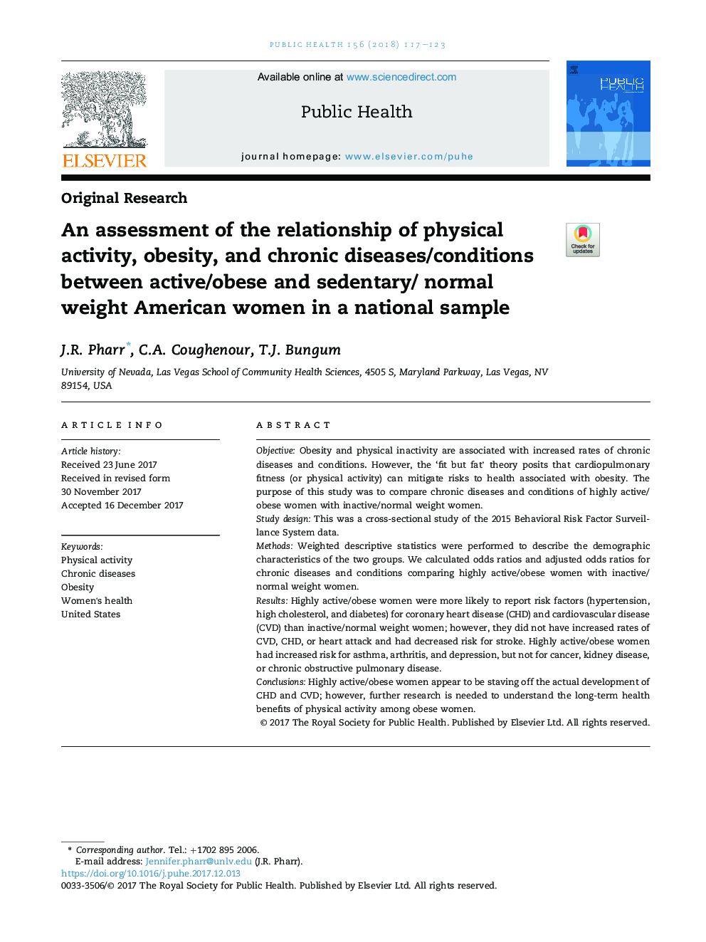 An assessment of the relationship of physical activity, obesity, and chronic diseases/conditions between active/obese and sedentary/ normal weight American women in a national sample