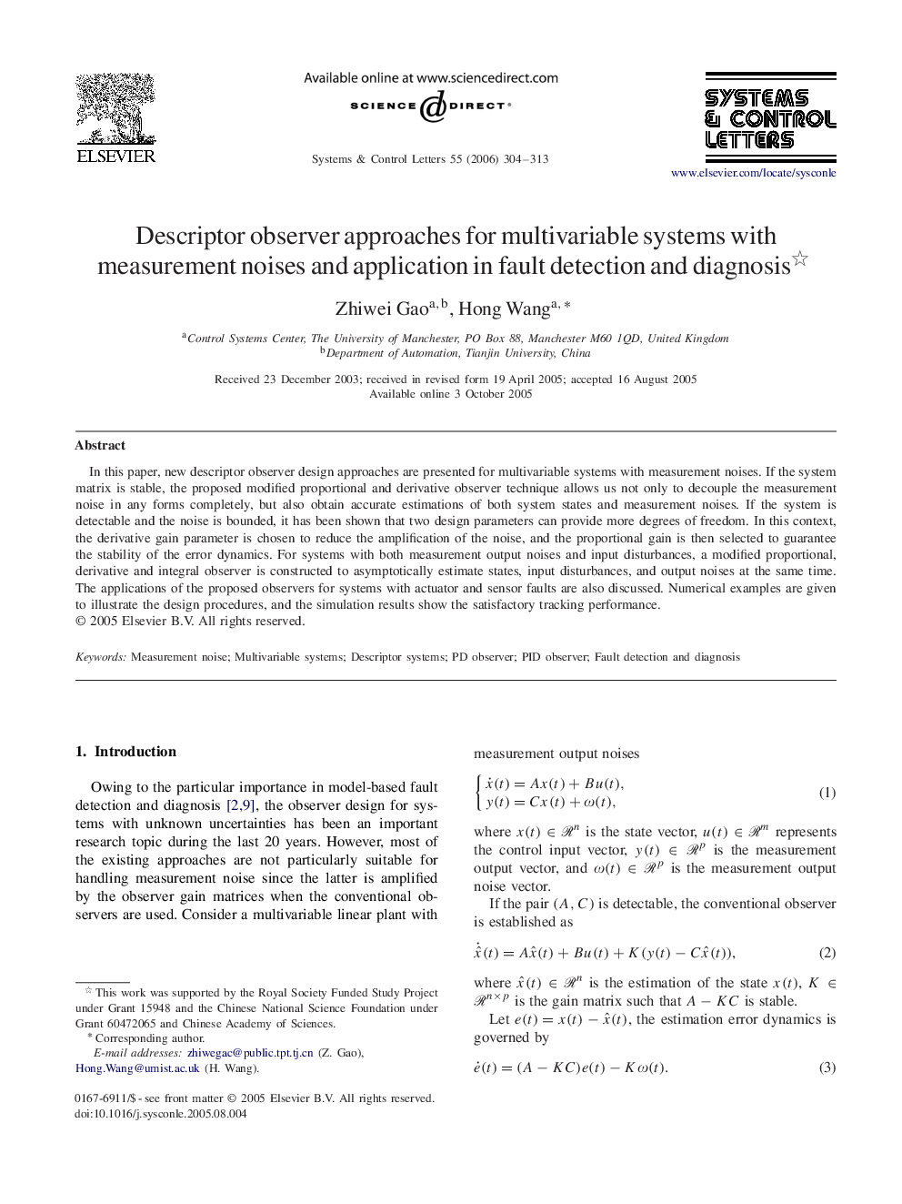 Descriptor observer approaches for multivariable systems with measurement noises and application in fault detection and diagnosis 