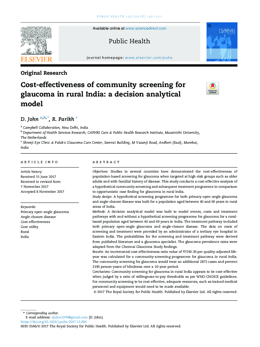 اثربخشی هزینه ای غربالگری جامعه برای  گلوکوم دربخش روستایی هند: یک مدل تحلیلی جهت تصمیم گیری