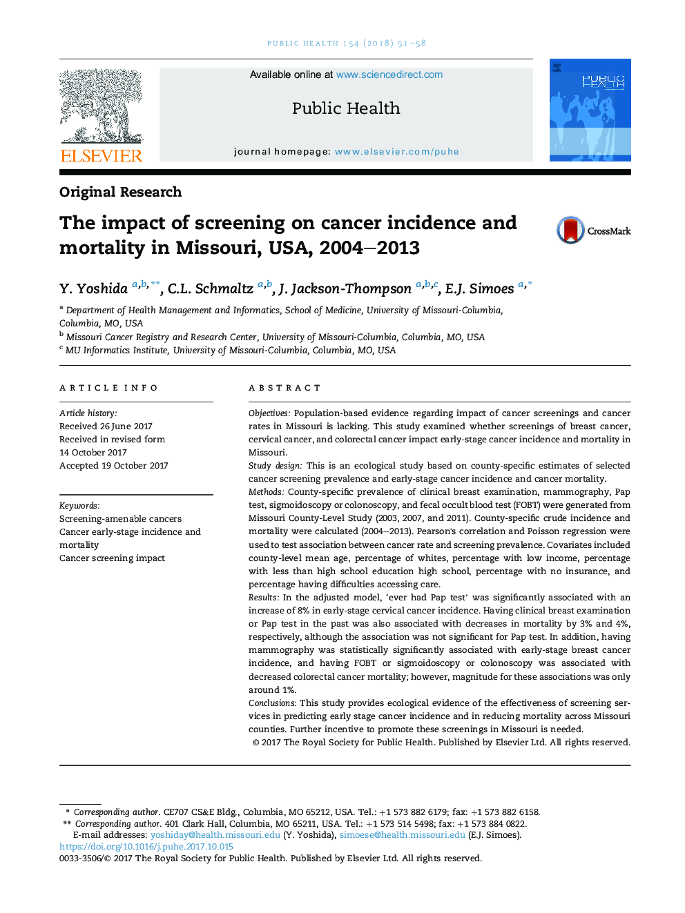 The impact of screening on cancer incidence and mortality in Missouri, USA, 2004-2013