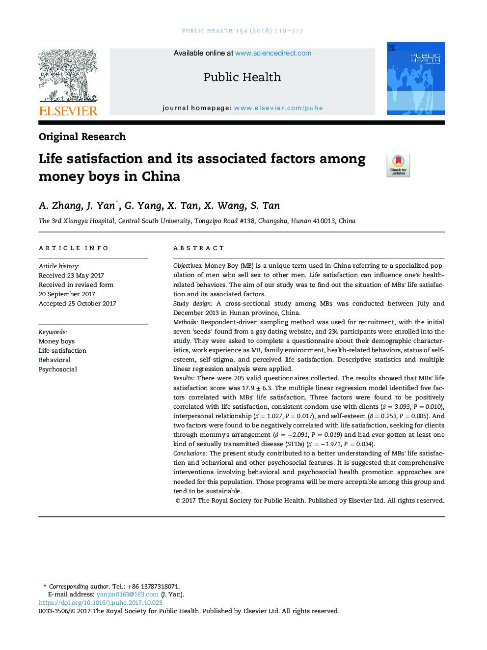 Life satisfaction and its associated factors among money boys in China