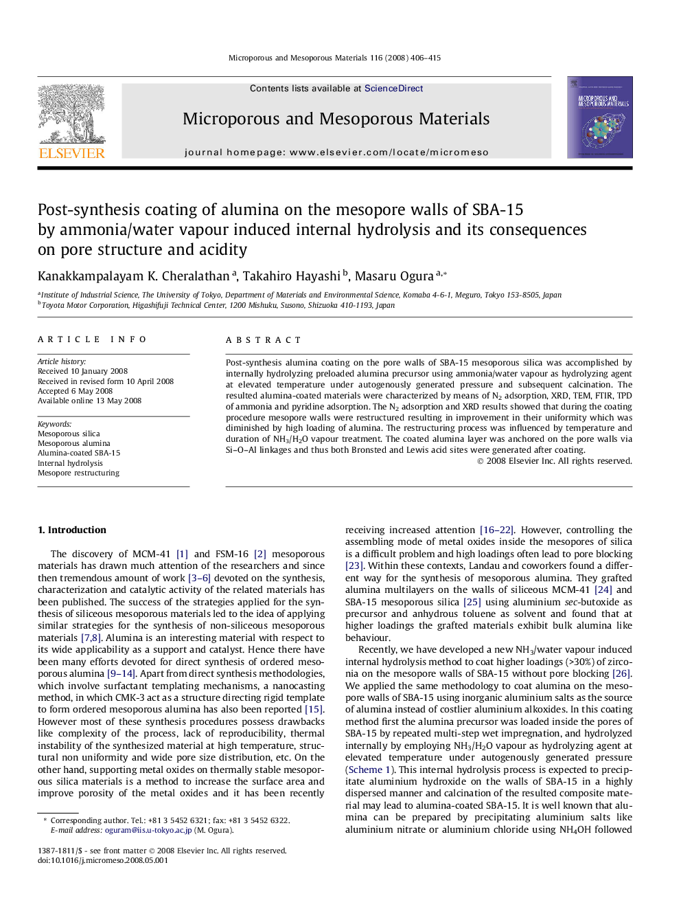 Post-synthesis coating of alumina on the mesopore walls of SBA-15 by ammonia/water vapour induced internal hydrolysis and its consequences on pore structure and acidity