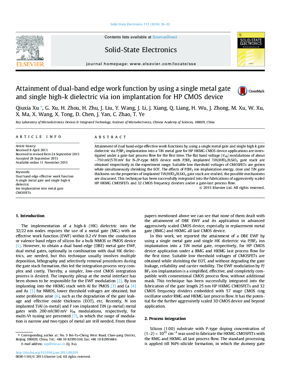 عکس صفحه اول مقاله: Attainment of dual-band edge work function by using a single metal gate and single high-k dielectric via ion implantation for HP CMOS device Attainment of dual-band edge work function by using a single metal gate and single high-k dielectric via ion implantation for HP CMOS device
