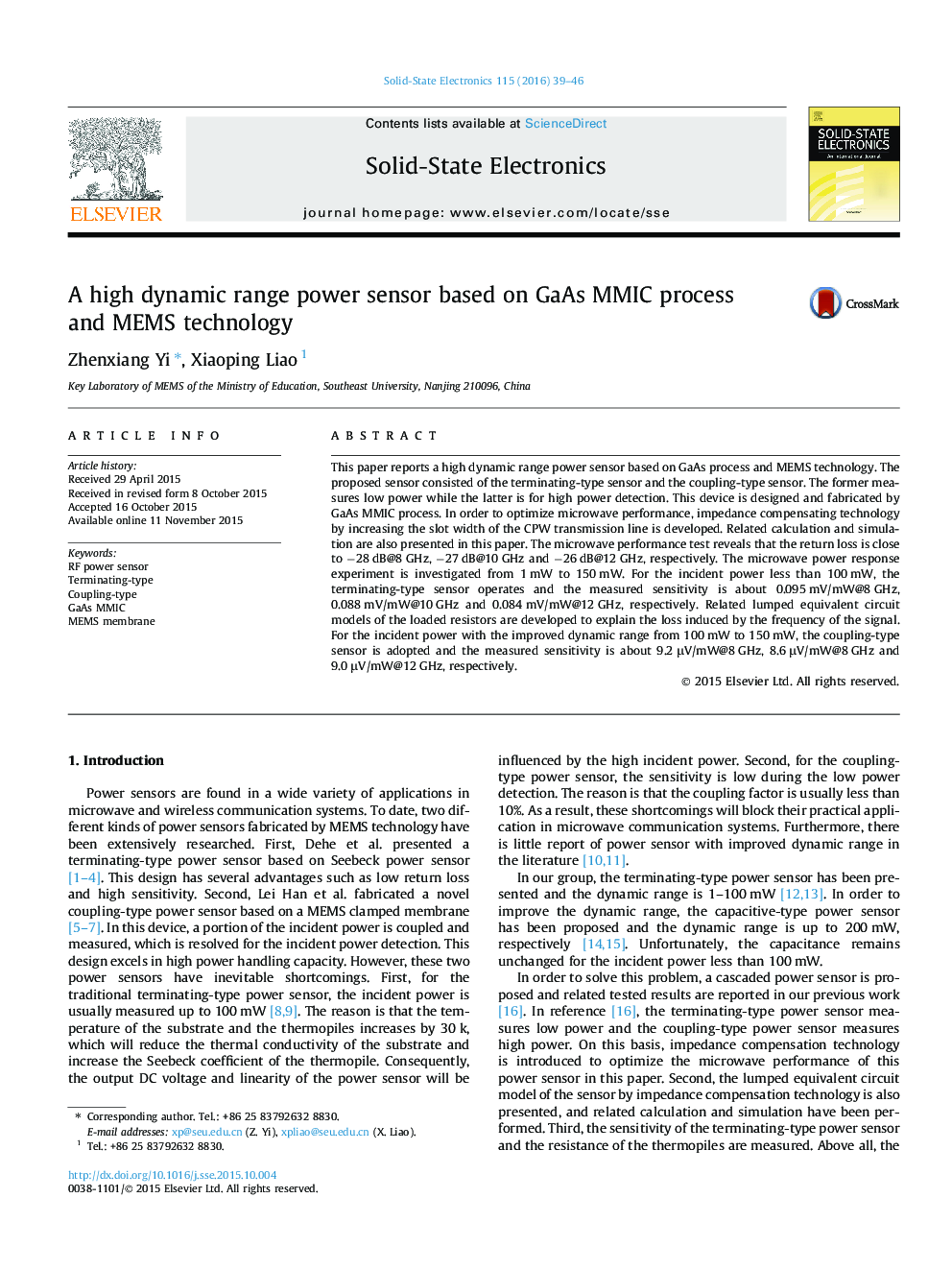 عکس صفحه اول مقاله: A high dynamic range power sensor based on GaAs MMIC process and MEMS technology A high dynamic range power sensor based on GaAs MMIC process and MEMS technology