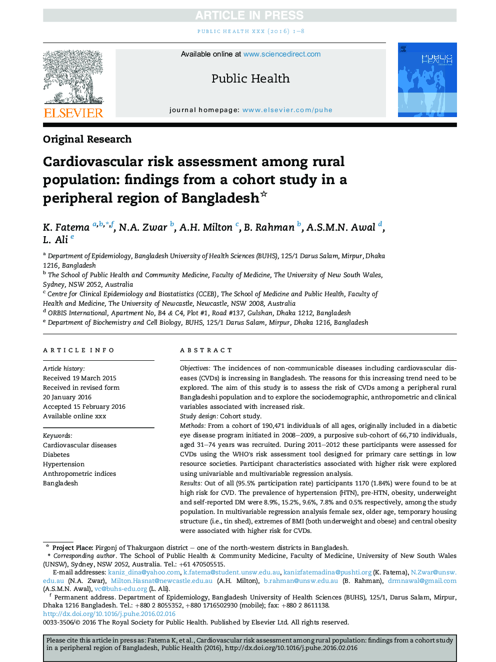 Cardiovascular risk assessment among rural population: findings from a cohort study in a peripheral region of Bangladesh