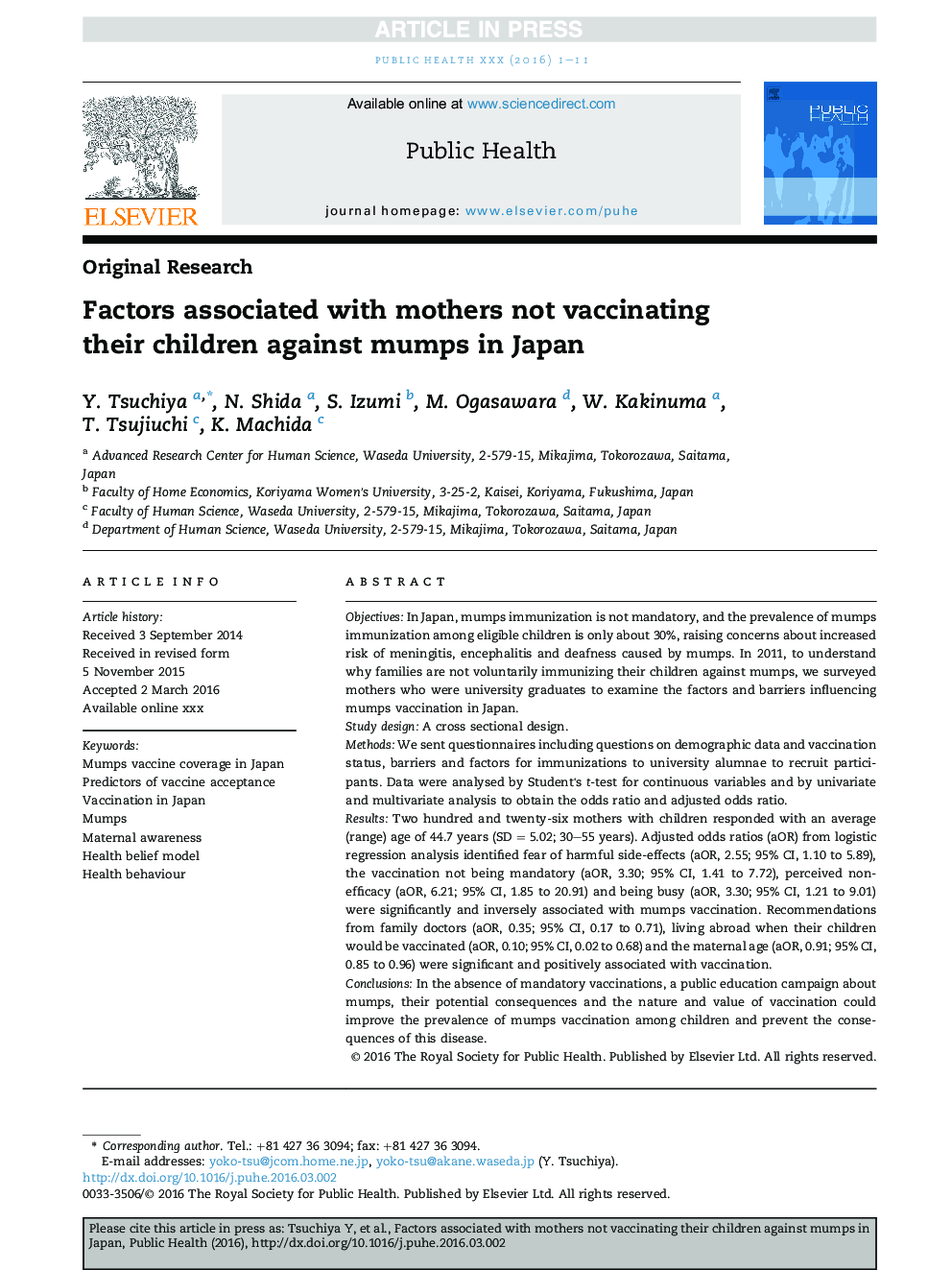 Factors associated with mothers not vaccinating their children against mumps in Japan