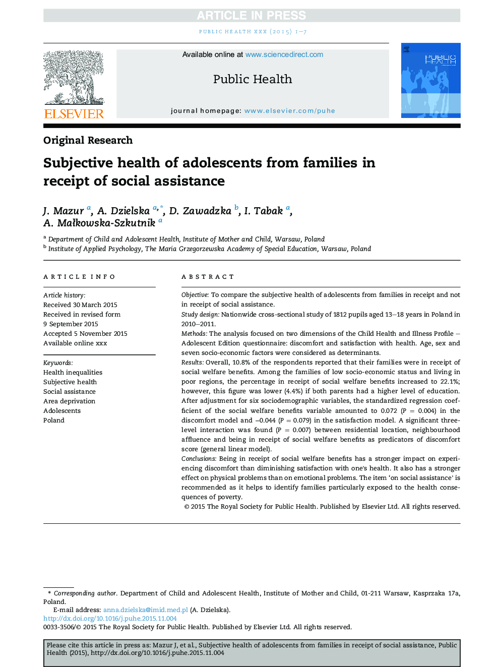 Subjective health of adolescents from families in receipt of social assistance