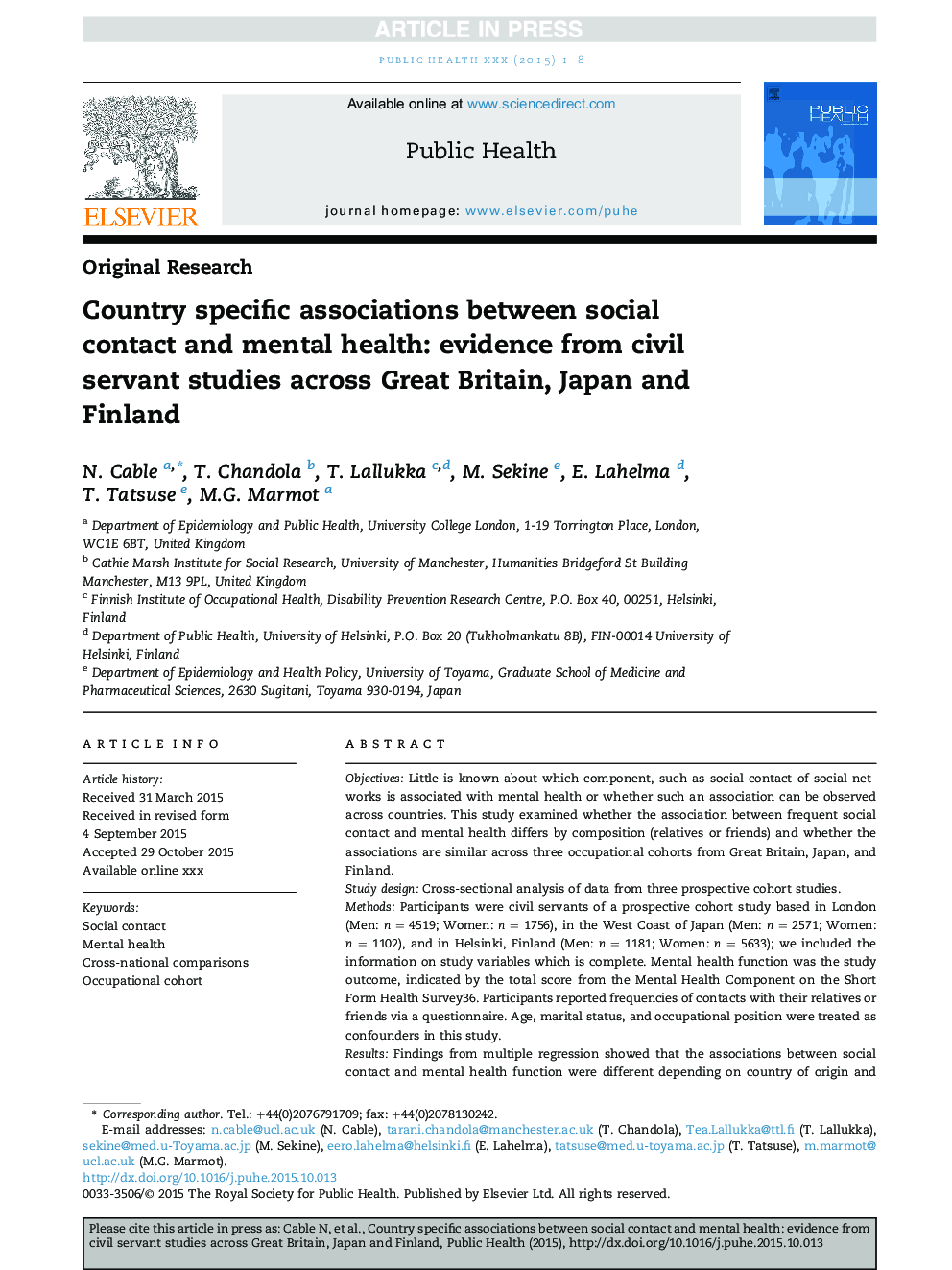 Country specific associations between social contact and mental health: evidence from civil servant studies across Great Britain, Japan and Finland