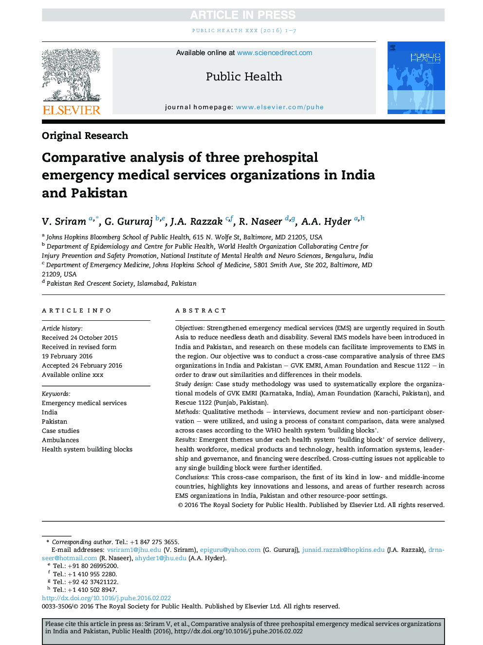 Comparative analysis of three prehospital emergency medical services organizations in India and Pakistan