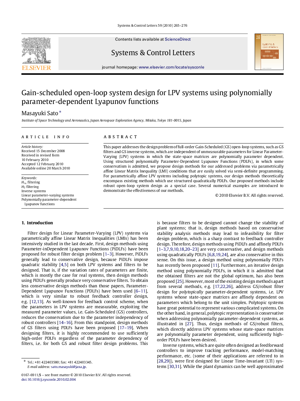 Gain-scheduled open-loop system design for LPV systems using polynomially parameter-dependent Lyapunov functions