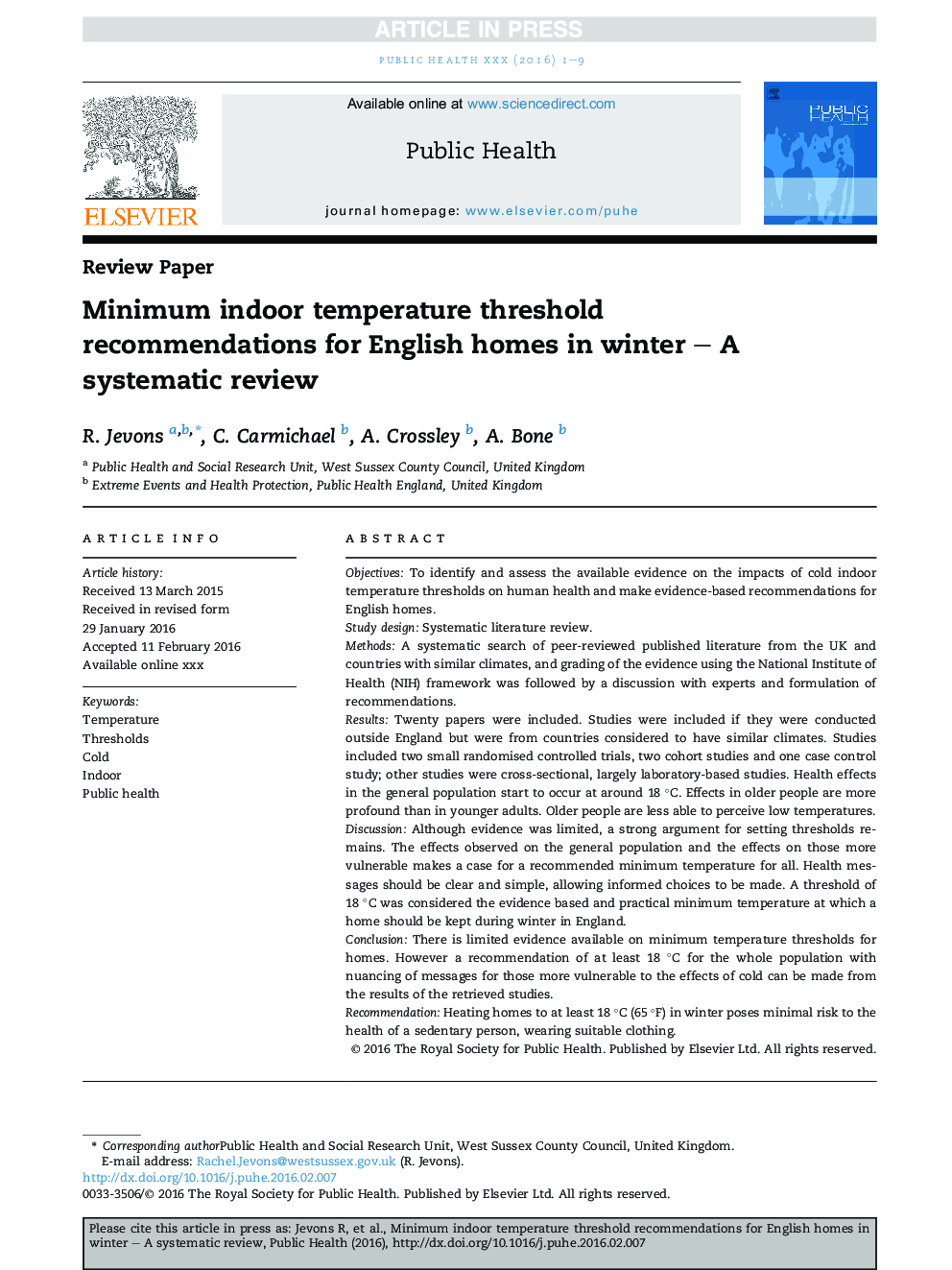 Minimum indoor temperature threshold recommendations for English homes in winter - A systematic review