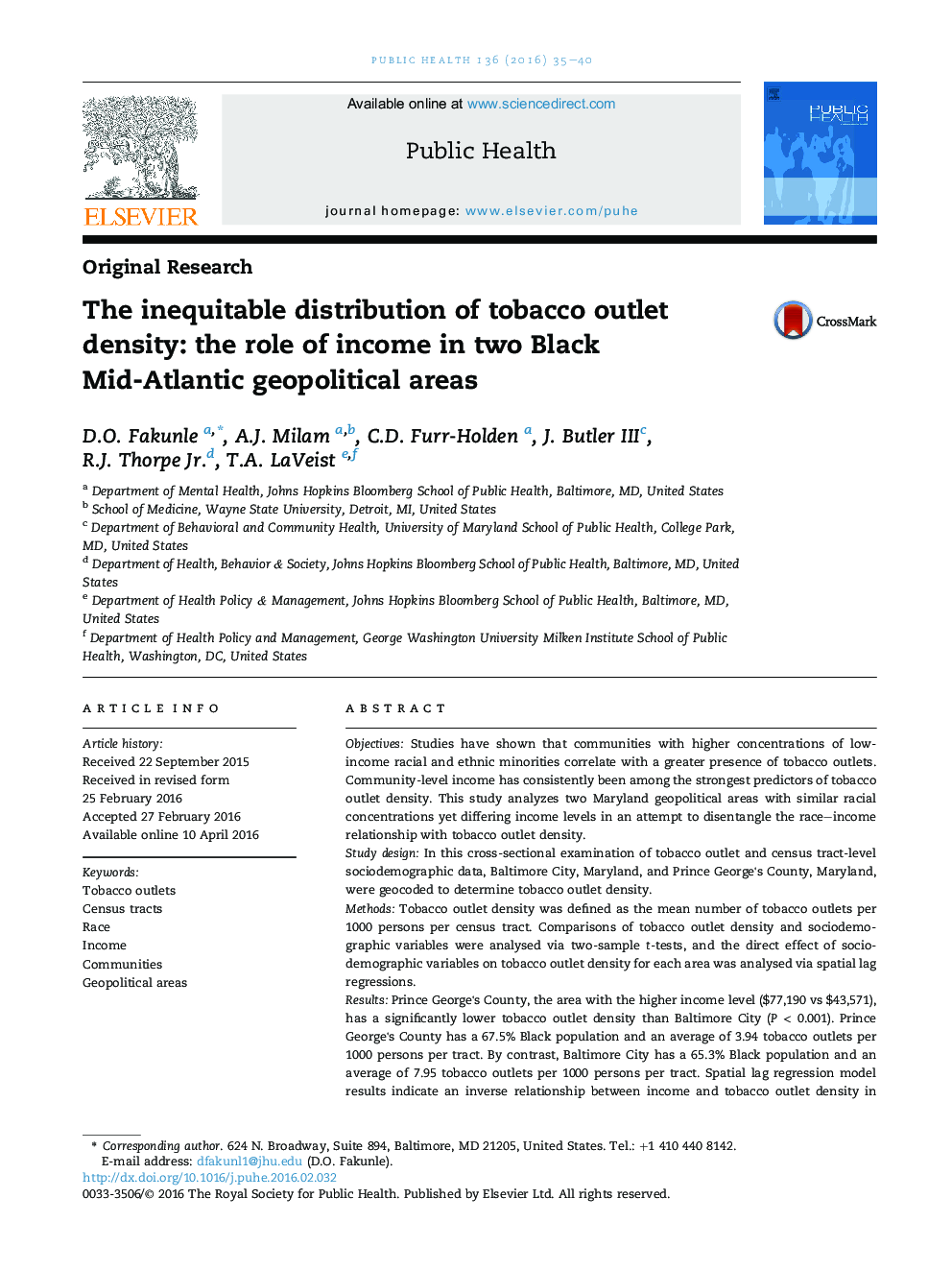 The inequitable distribution of tobacco outlet density: the role of income in two Black Mid-Atlantic geopolitical areas