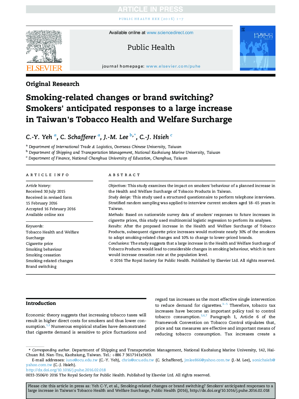 Smoking-related changes or brand switching? Smokers' anticipated responses to a large increase in Taiwan's Tobacco Health and Welfare Surcharge