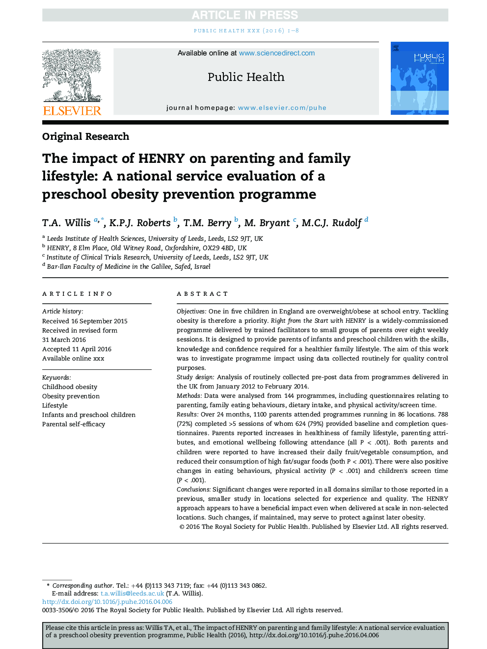 The impact of HENRY on parenting and family lifestyle: A national service evaluation of a preschool obesity prevention programme